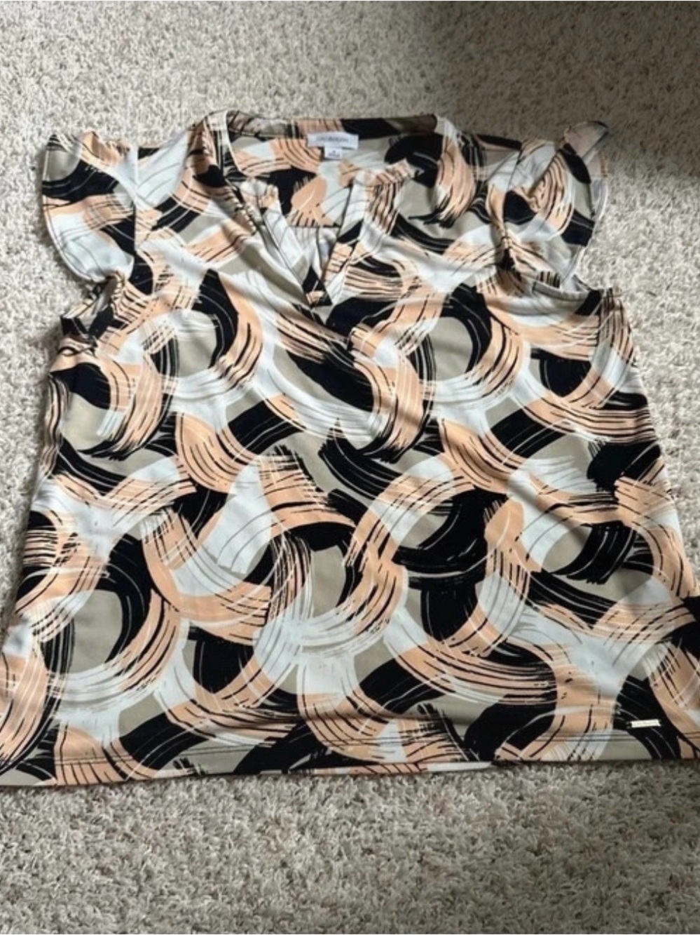 Women's Abstract Swirl Short Sleeve Top - Peach/Black/Cream